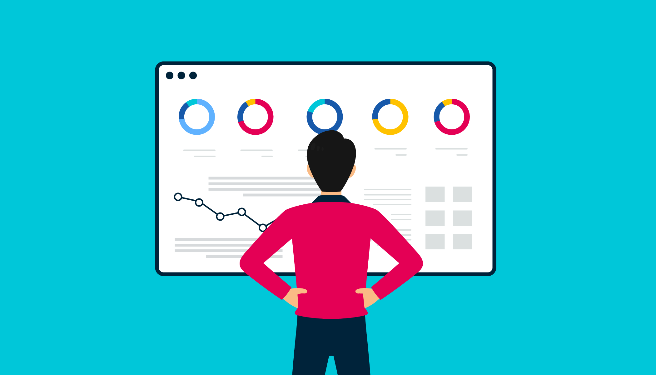 Colorful sketch of a man reviewing graphs on a whiteboard.