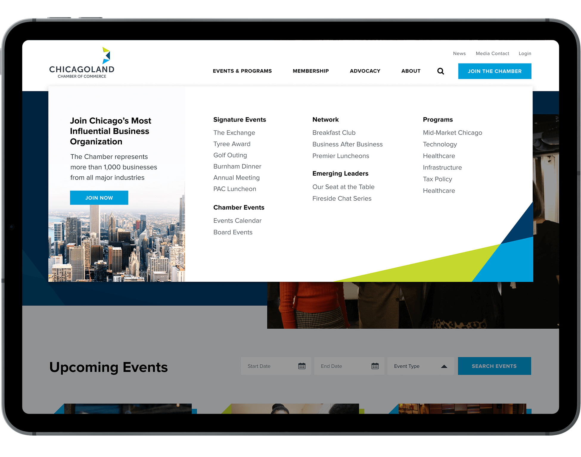 displaying the Chicagoland Chamber of commerce mega menu