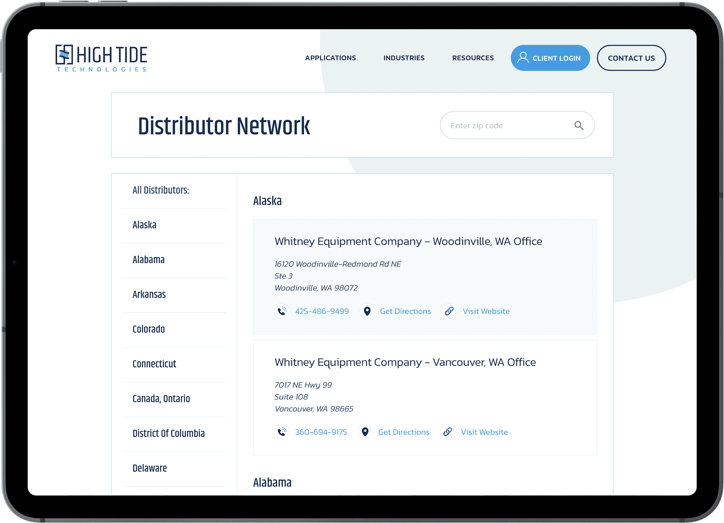 showing High Tide Technologies Distributor Network interface