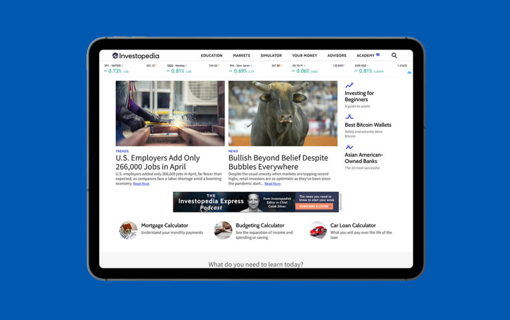 Investopedia home on tablet