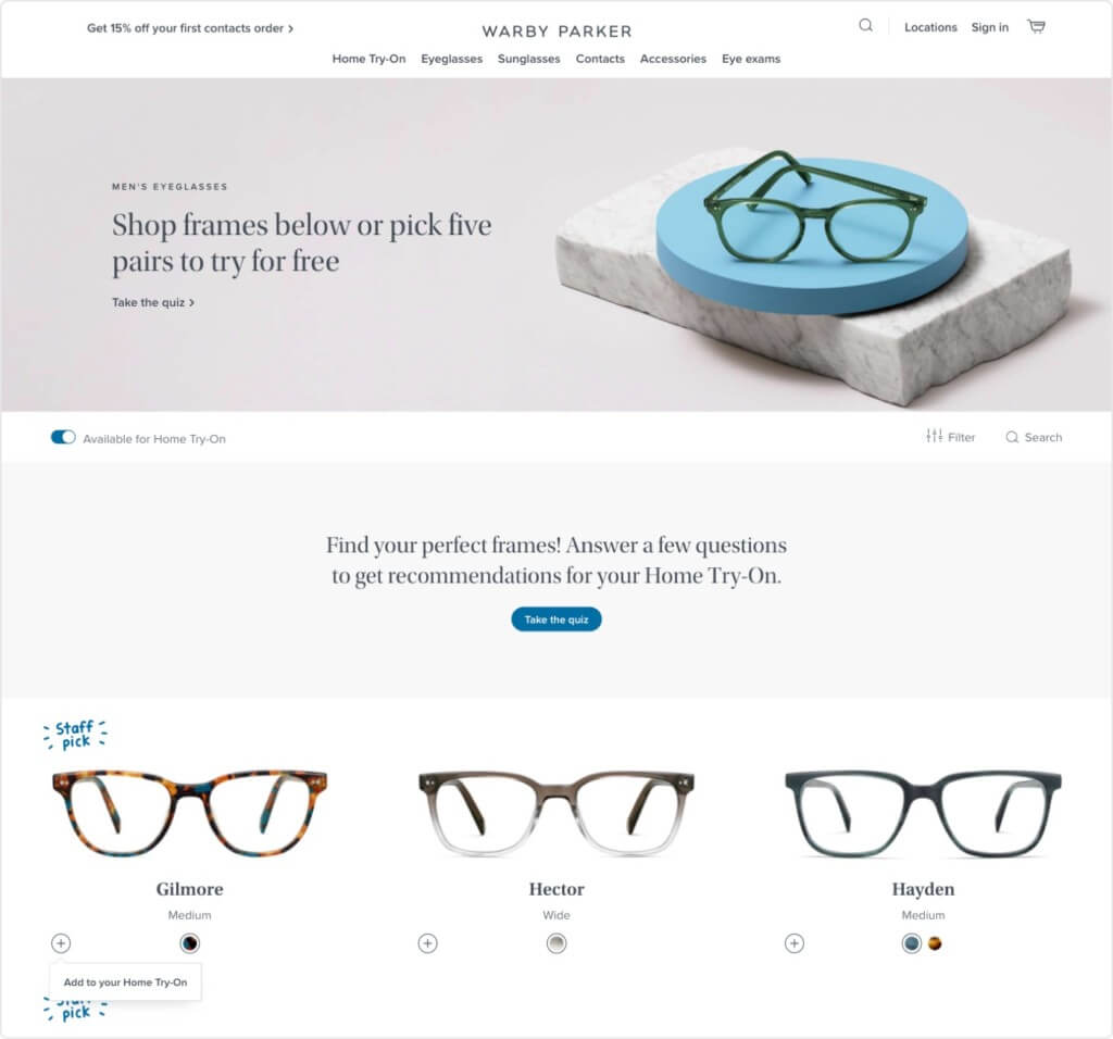 warby parker try on page